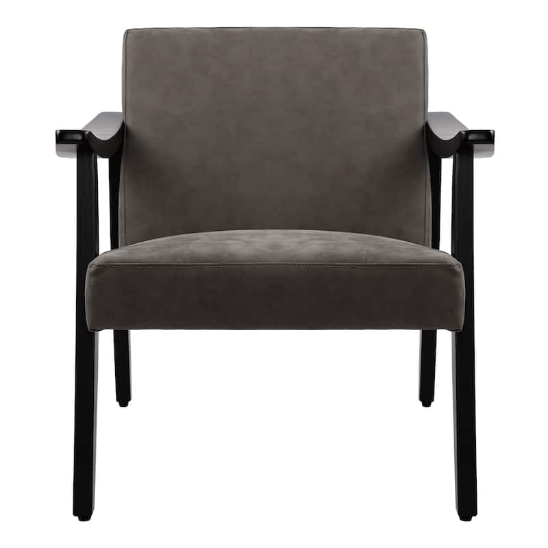Faux Leather Accent Chair Solid Wood Armchair in Black Finish - Grey