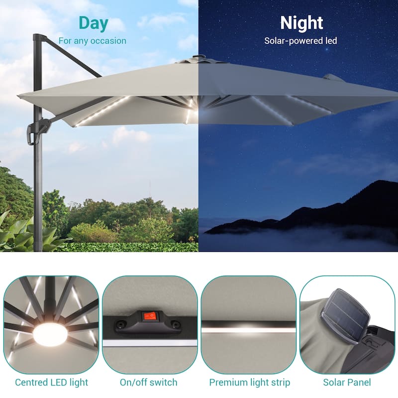 BONOSUKI 10x10FT LED Cantilever Patio Umbrella Angle Adjustment w/Base