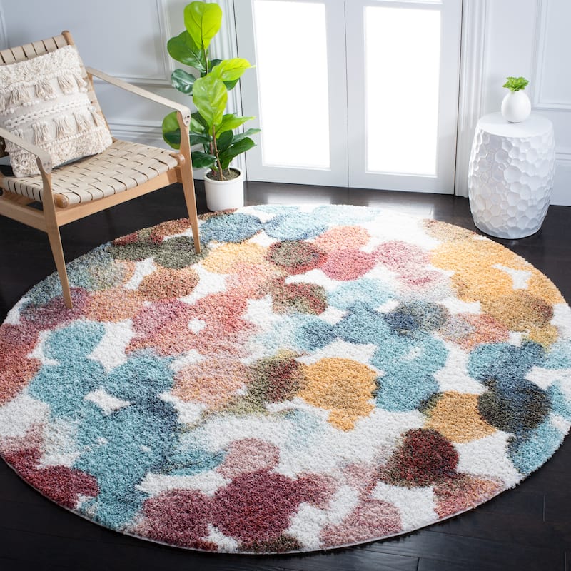 SAFAVIEH Calista Shag Sanie Abstract 1-inch Thick Rug - 6'7" Round - Red/Blue