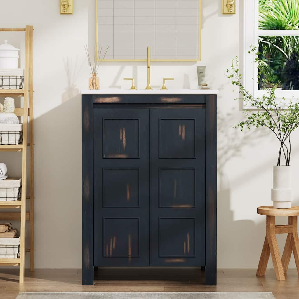 24 Inch MDF Freestanding Bathroom Vanity Set in Espresso with Integrated Ceramic Sink