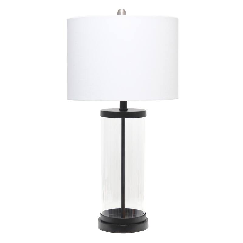 HomeRoots 28" Clear And Black Glass And Metal Table Lamp With White Drum Shade - 14.00 in. x 27.50 in. x 14.00 in.