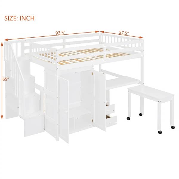 dimension image slide 1 of 6, Twin/Full Size Loft Bed with Storage Staircase, Wardrobe and Desk, Solid Wood Loft Bedframe with 2 Storage Drawers and Shelves