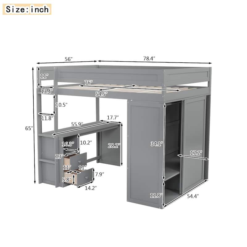 3-in-1 Loft Bed w/Desk Built-in Drawers, Wardrobes, Storage Underneath