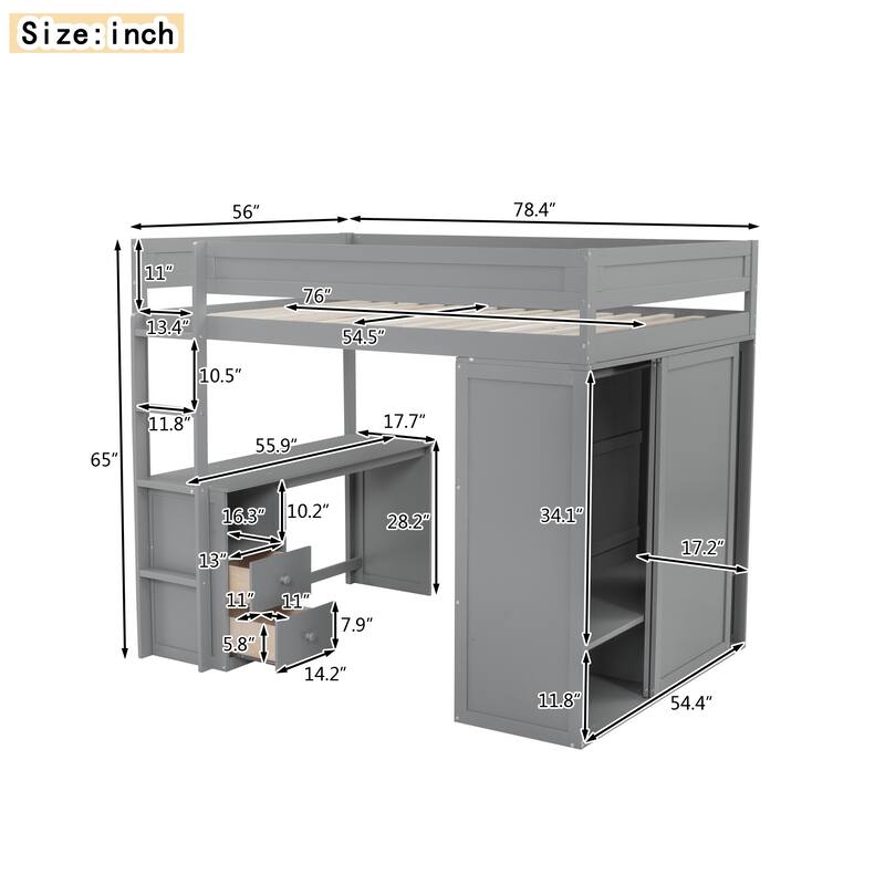 Space-Saving Full/Twin Loft Bed with Wardrobe, Desk, and Open Storage, No Box Spring Needed