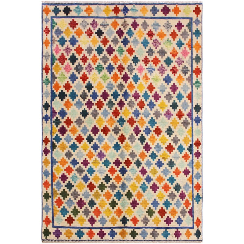 Eclectic Balochi Pace Beige/Blue Hand Knotted Wool Rug - 4'10'' x 6'6''