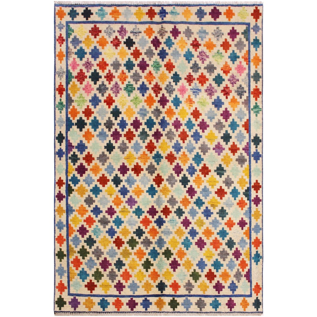 Eclectic Balochi Pace Beige/Blue Hand Knotted Wool Rug - 4'10'' x 6'6''