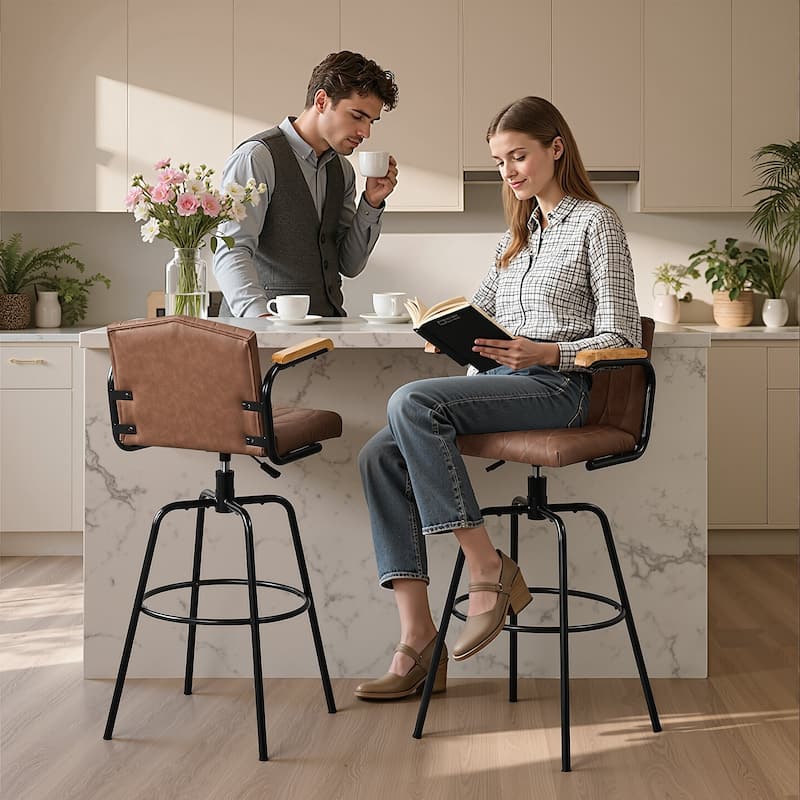 VECELO Set of 2/4 Brown PU Leather Swivel Bar Stools Comfortable Swivel Bar Stools with Footrest Fixed Height Tufted Bar Stools