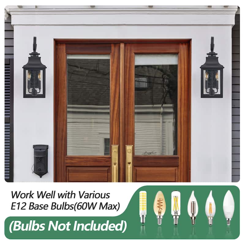 2-Pack Outdoor Wall Lanterns – Classic Black Metal Sconces with Clear Seeded Glass (Bulbs Not Included)
