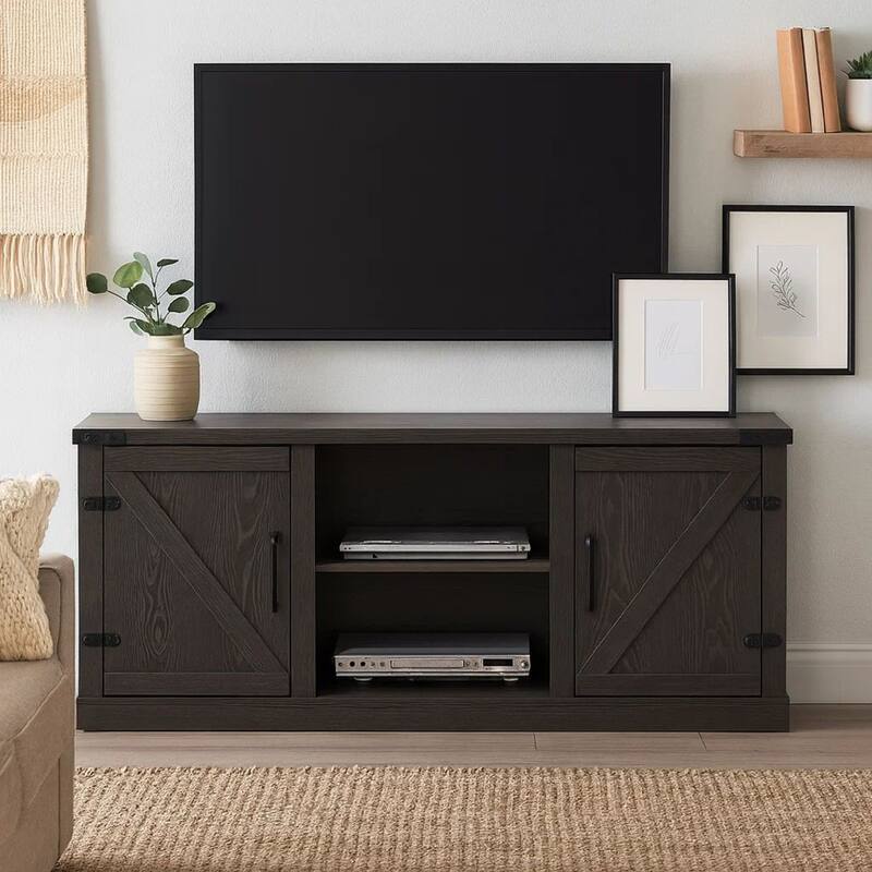 Olv 58 Inch TV Media Center Console, Barn Sliding Cabinet Doors, Dark Gray