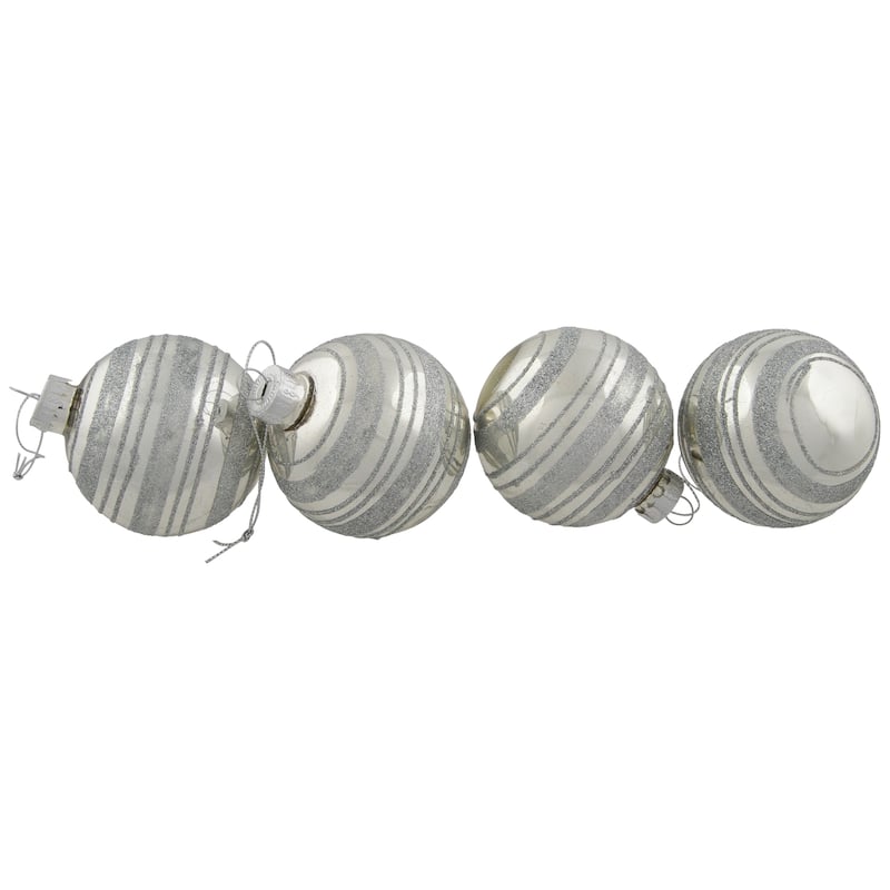 Glitter Stripes Christmas Shiny Glass Ball Ornaments - 2.5" (67mm) - Silver - 4ct