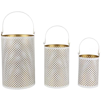 Laser-Cut Iron Candle Holders with Handles - 10" - White and Gold - Set of 3