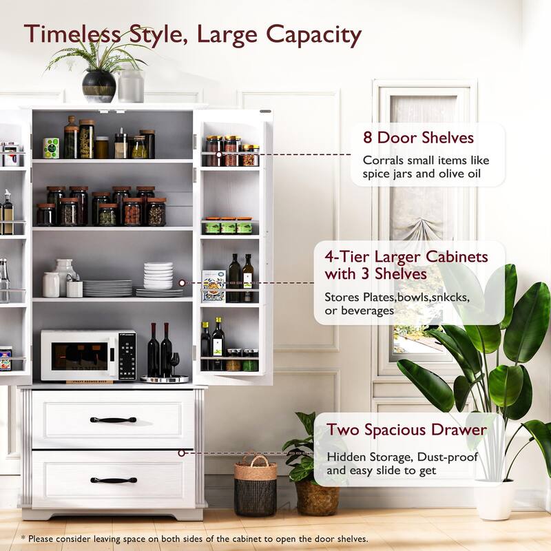 71"Kitchen Pantry Cabinet with 2 Drawers,Embossed Texture Freestanding Cabinet with 8 Door Shelves and 3 Cabinet Shelves