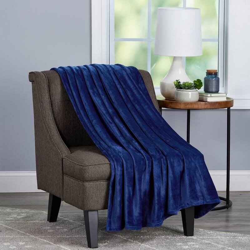 Velvet Throw - Oversized Solid Microfiber Polyester Blanket for Year-Round Warmth by Windsor Home - Midnight Blue