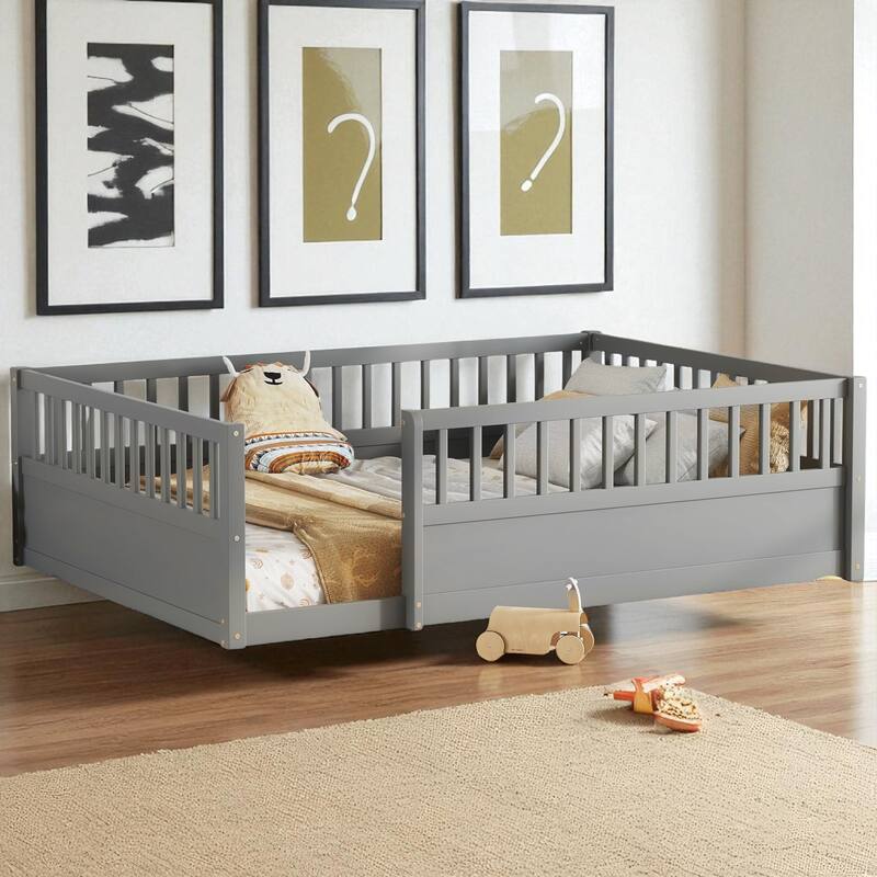 Twin/Full Montessori Floor Bed with High Fence & Open Door, Solid Pine, Playroom/Bedroom, No Box Spring