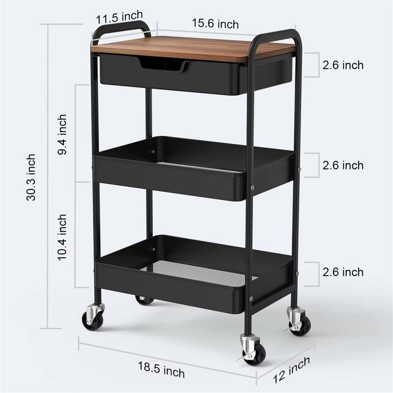 3 Tier Rolling Cart with Drawer - 12"D x 4"W x 17"H
