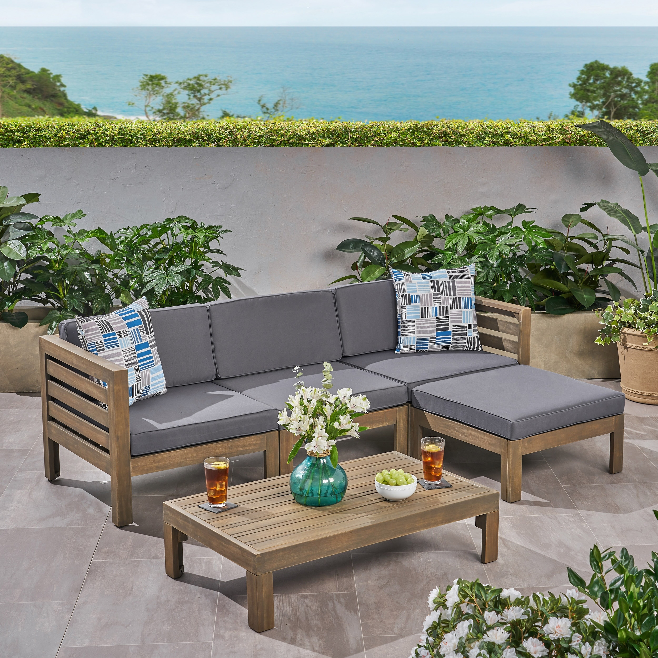 Noble House Alcove Teak Brown 5-Piece Wood Outdoor Patio Conversation Set With D