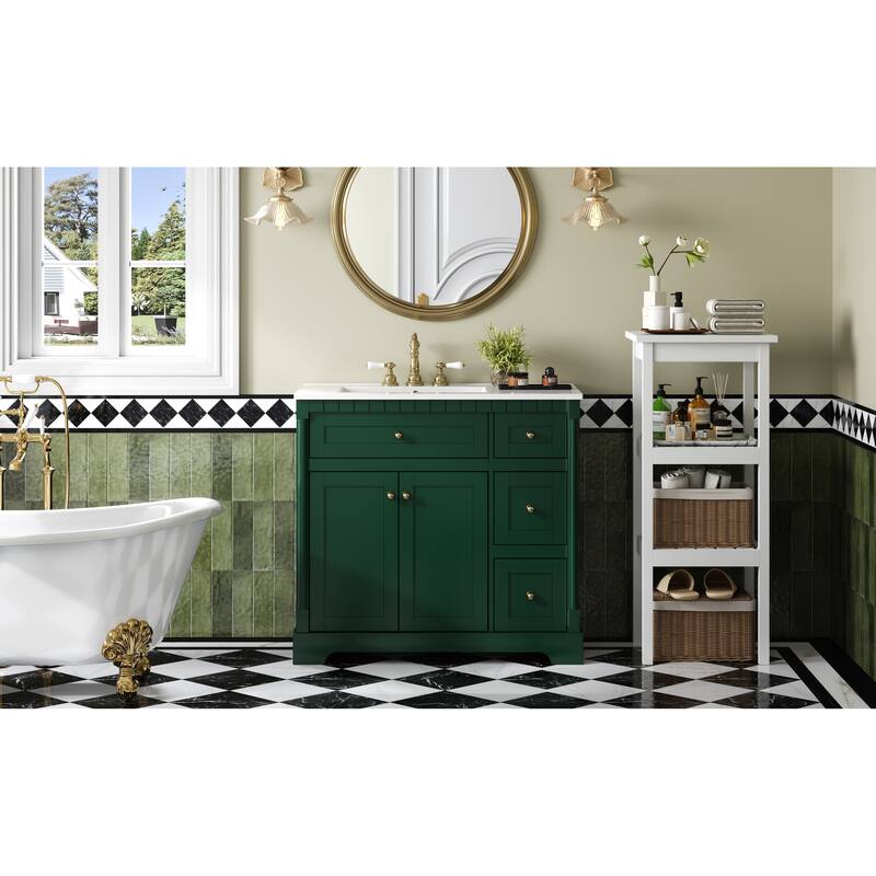 Roomfitters 36 Inch Bathroom Vanity with Sink, Modern Storage Cabinet with Adjustable Shelf and Drawers, Green