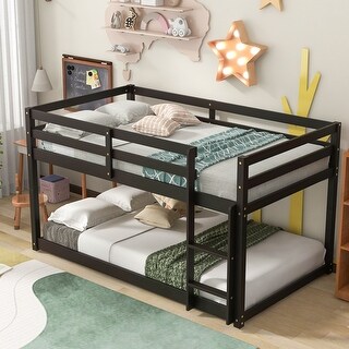Espresso Bunk Bed Twin Over Twin, Floor Bunk Bed wLadder, Guard Rails