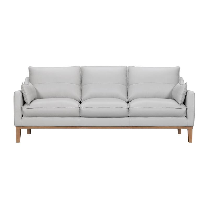 HomeRoots 87" Gray Leather Sofa And Toss Pillows With Brown Legs