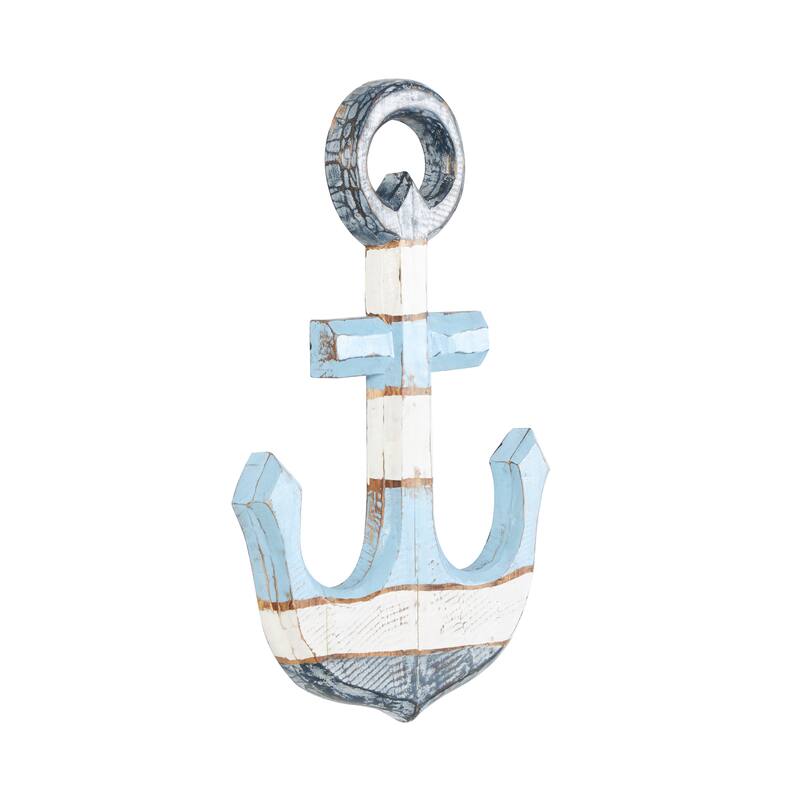 Blue Wood Distressed Anchor Home Wall Decor with Brown and Cream Accents