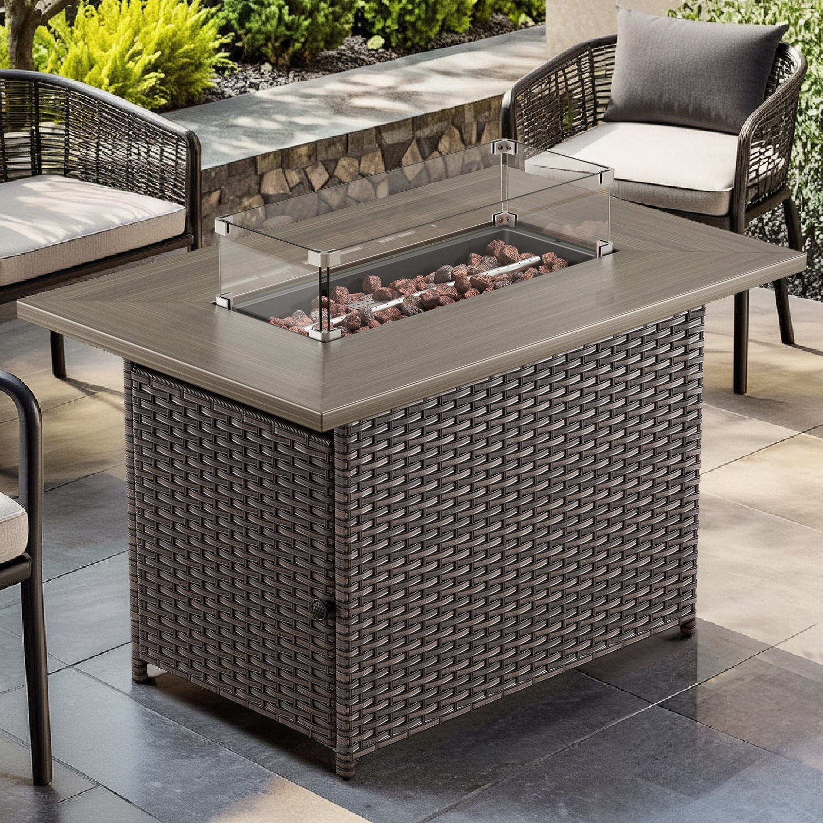 Meyreso 41 in. Rectangular Brown Wicker and Metal Propane Gas Outdoor Fire Pit Table with Lava Rocks, 50000 BTU