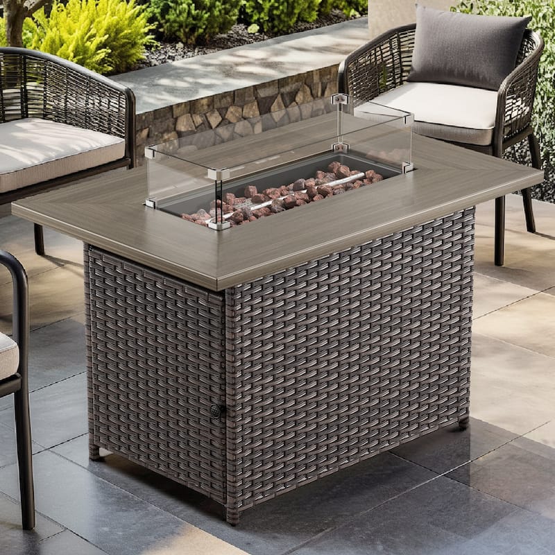 Meyreso 41 in. Rectangular Brown Wicker and Metal Propane Gas Outdoor Fire Pit Table with Lava Rocks, 50000 BTU - Brown - Propane Gas