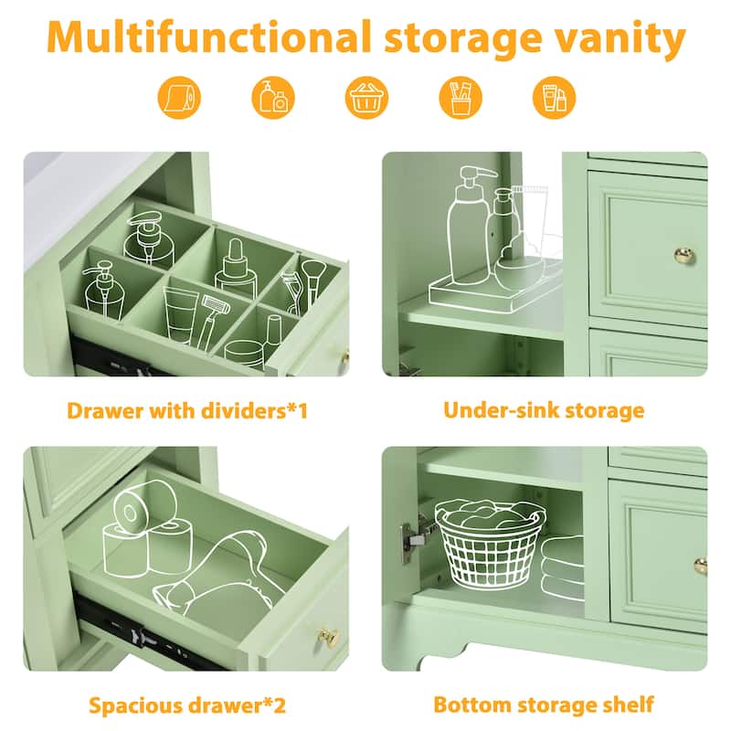 30-Inch bathroom vanity cabinet with ceramic basin, 3 drawers and adjustable shelves