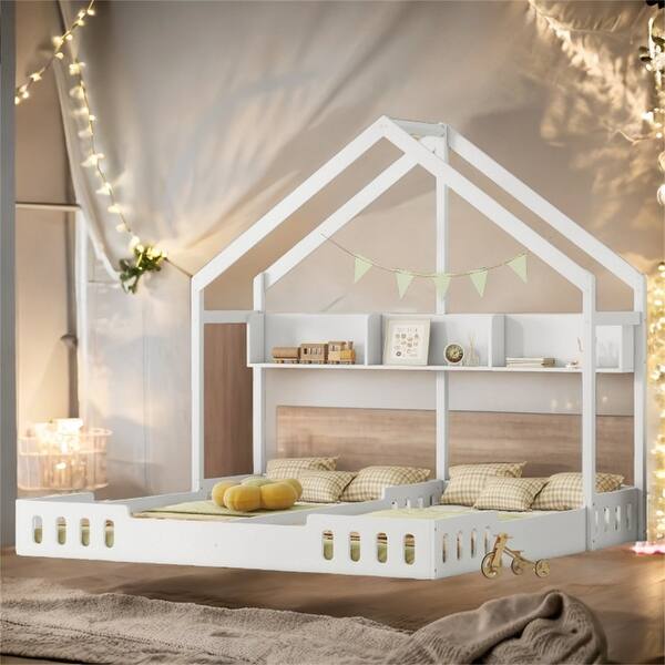slide 2 of 12, Twin Size House Platform Beds with Shelves and Guardrails, 2 Shared Beds in Creamy White White