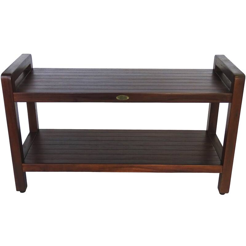 DecoTeak Eleganto 35" Extended Length Solid Teak Shower Stool With LiftAide Arms And Shelf - WoodLand Brown Finish