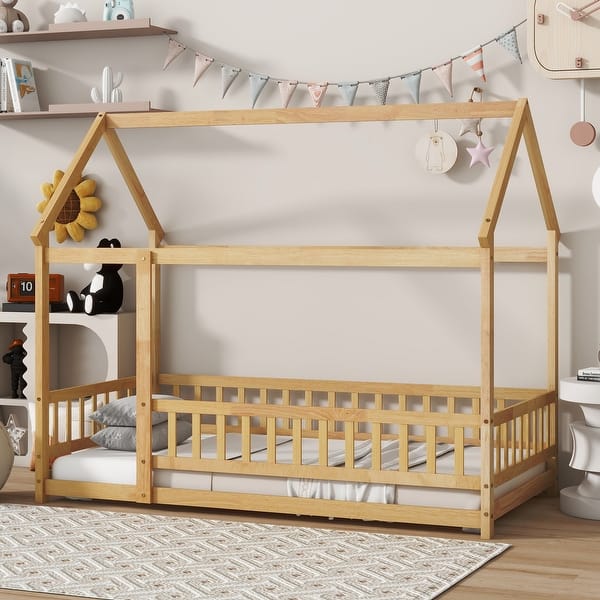slide 2 of 11, Twin Size Wooden Floor Bed with Roof Frame and Safety Guardrails, Natural Natural - Twin