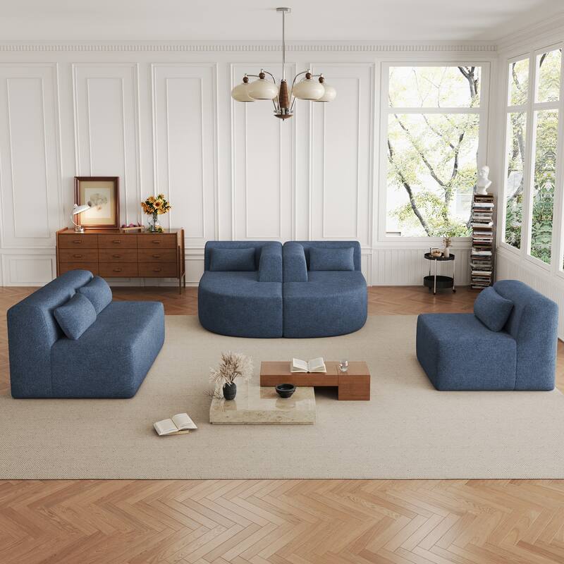 Modern Modular L Shaped Sofa with Curved Chaise Lounges and Boucle Upholstery Five Back Pillows for Living Room