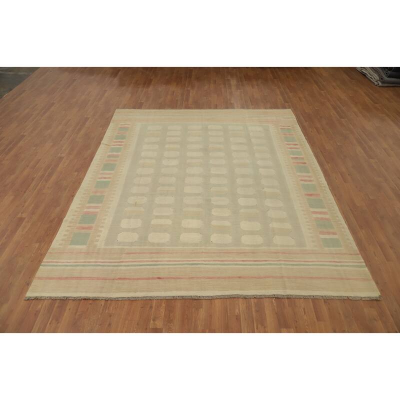 Hand Woven Oriental 100% Wool Carpet Southwestern Tribal Beige & Ivories Kilim Area Rug - 9' 10'' X 8' 2''