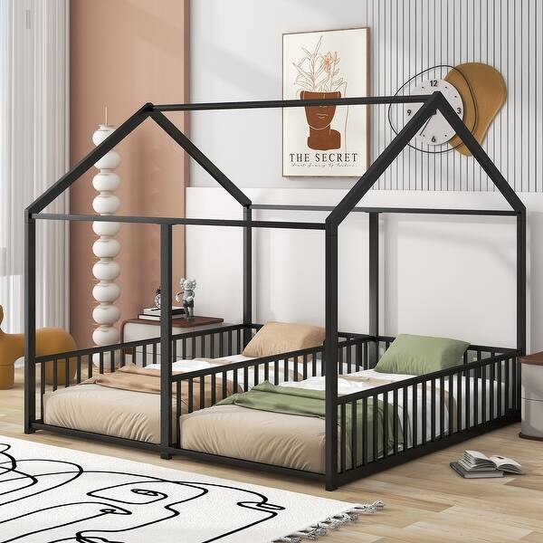 slide 2 of 37, Metal Twin Size House Platform Bed with Two Shared Beds, Guardrails, Roof and Windows, Sturdy Frame, Black Finish Black