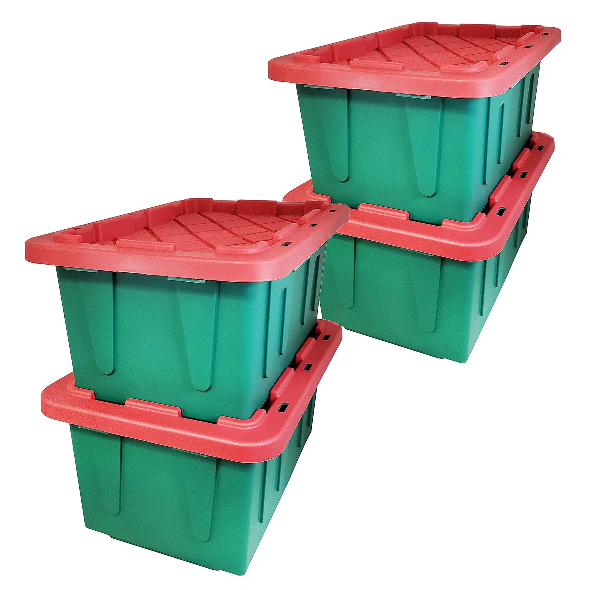 Homz 18 Gallon Heavy Duty Plastic Holiday Storage Totes, Green/Red (4 Pack)