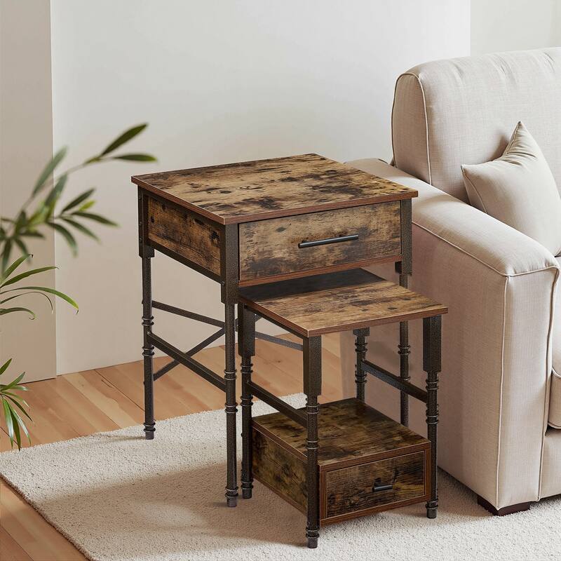 VECELO Nesting Coffee Table Set of 2, Square Nightstands with Adjustable Non-Slip Feet, Industrial End Table Side Tables - Brown