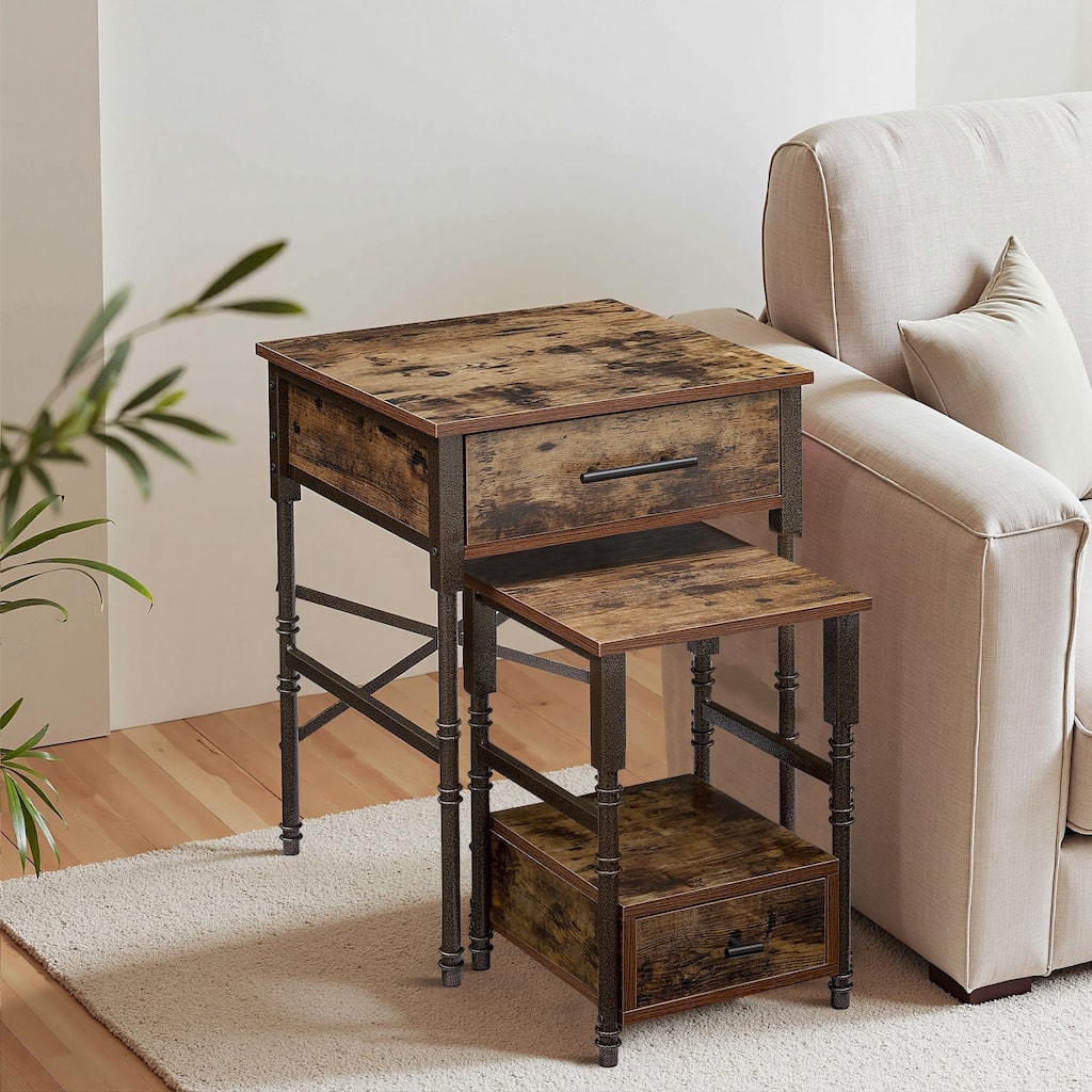 VECELO Nesting Coffee Table Set of 2, Square Nightstands with Adjustable Non-Slip Feet, Industrial End Table Side Tables