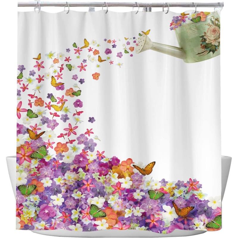 Floral Shower Curtain - Flowers Plant Butterfly Curtain 72" W x 72" L