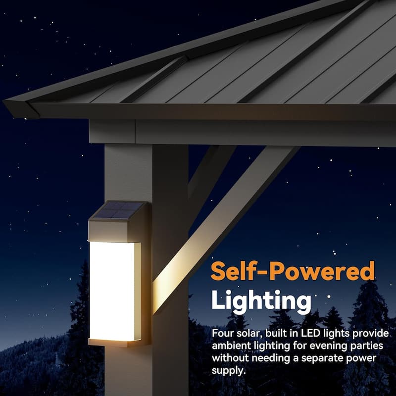 Permanent Hardtop Gazebo 12' x 24' with 4 LED Lights, Outdoor Gazebo with Galvanized Steel Double Roof,Black
