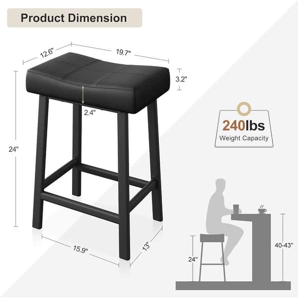 dimension image slide 3 of 4, Set of 2 Ergonomic 24" Counter Height Bar Stools with Curved PU Leather Seat, Metal Frame, Integrated Footrest, Supports 240 lbs