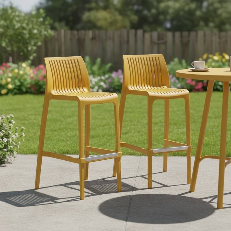 HomeRoots Set of Two 30" Yellow Heavy Duty Plastic Outdoor Bar Height Chairs