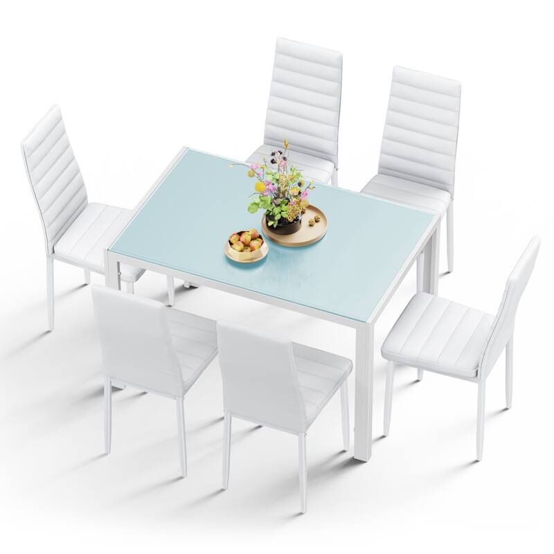 7-Piece Glass Top Dining Table Set for 6 with High Back PU Leather Chairs