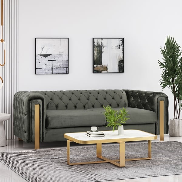 slide 2 of 34, Keyser Modern Glam Tufted Velvet 3 Seater Sofa by Christopher Knight Home - 83.75" L x 34.50" W x 27.25" H Gray + Gold