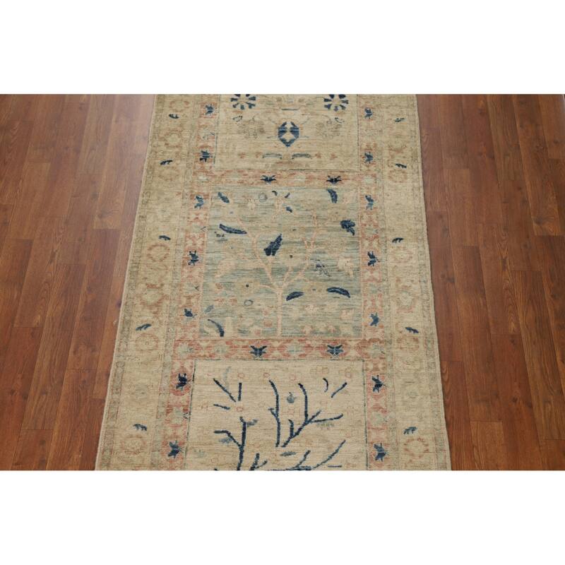 Hand Knotted Oriental 100% Wool Carpet Traditional Floral Beige & Ivories Art Deco Runner Rug - 11' 10'' X 2' 11''