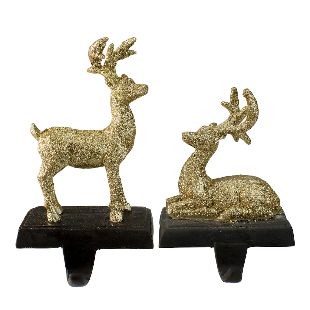Reindeer Glittered Christmas Stocking Holders - 8.5" - Gold - Set of 2