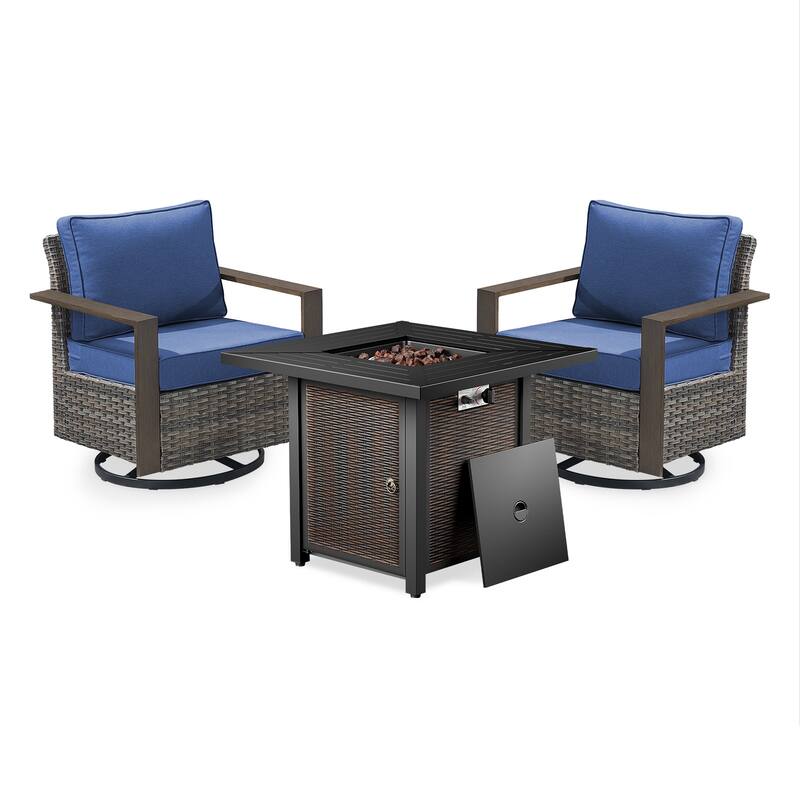 Meyreso 3-Piece Wicker Swivel Glider Metal Fire Pit Set with Plush 4.5" Olefin Cushions