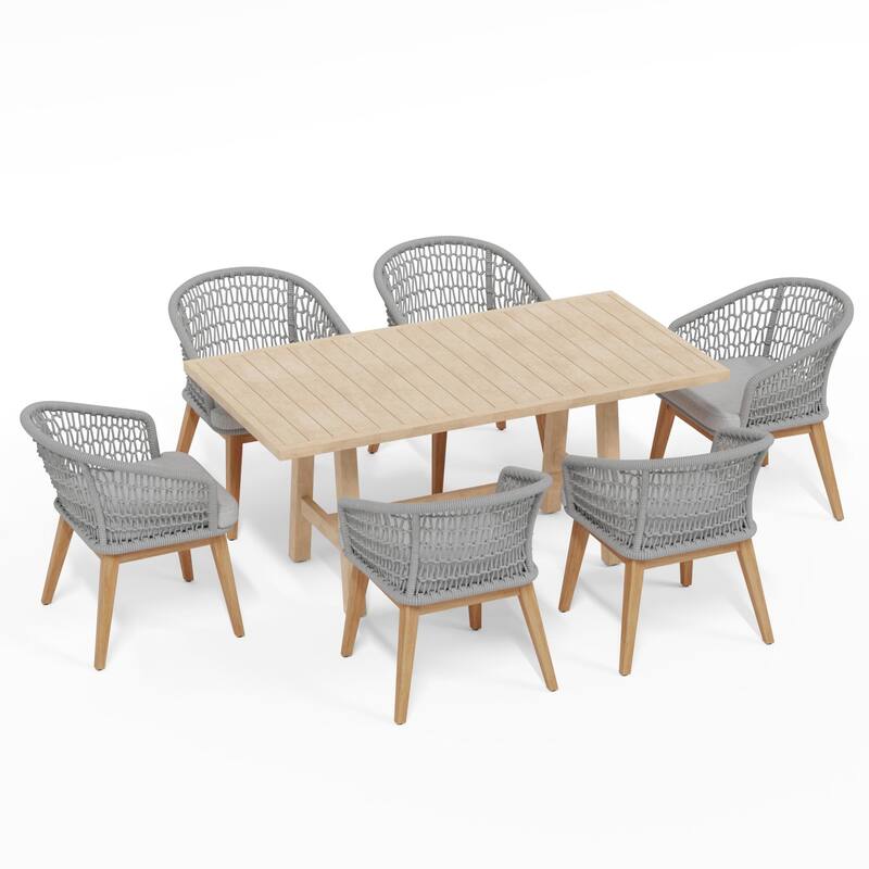 Outdoor 7-Piece Woven Rope Dining Chair and Wood Table Set
