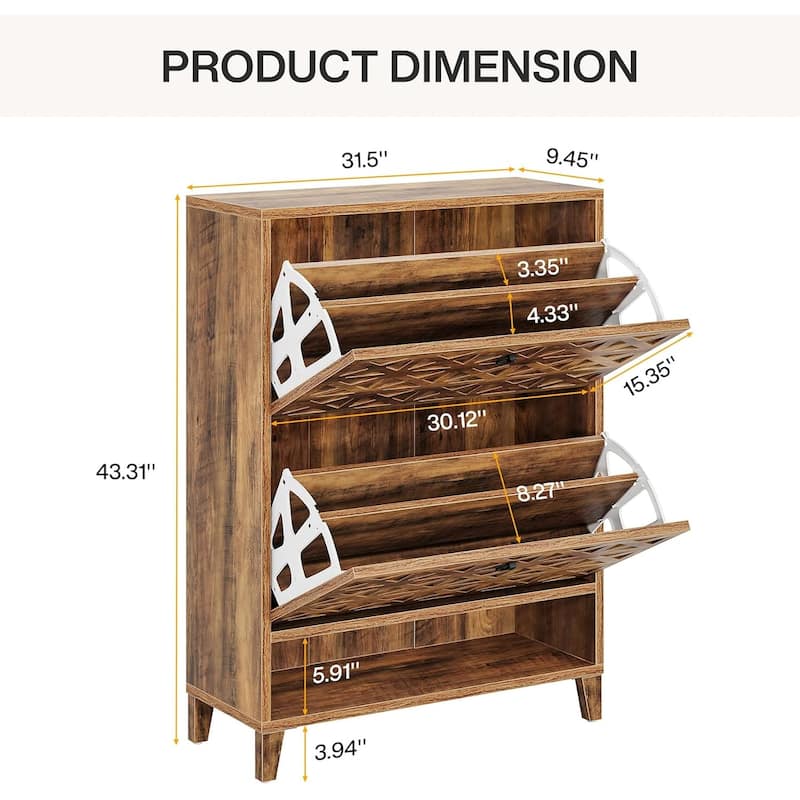 Slim Shoe Cabinet with Flip Drawers and Open Shelf for Entryway Hallway and Home Storage - 31.5”L x 9.45”W x 43.31”H
