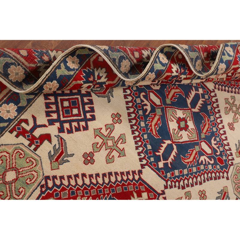 Beige / Ivory Traditional Kazak Oriental Rug Hand-Knotted Wool Carpet - 6'7" x 9'8"