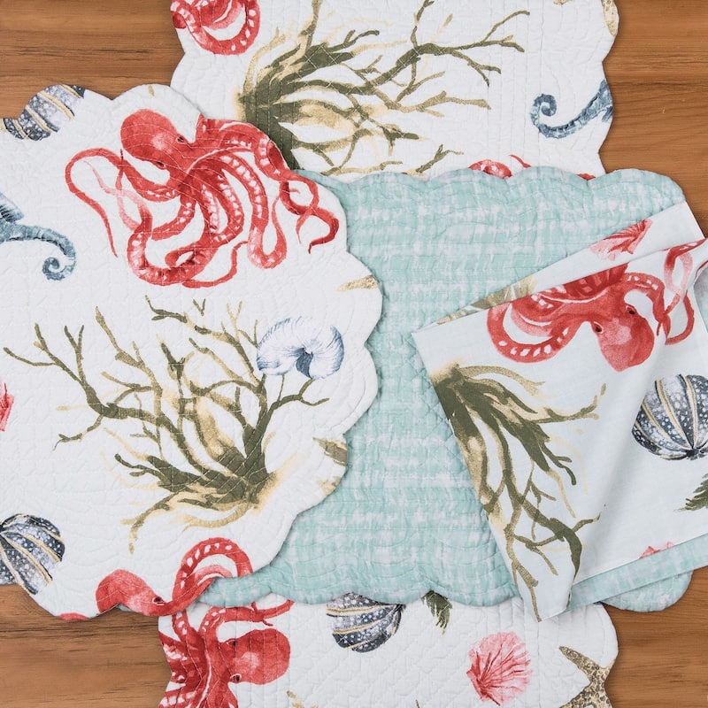 Behari Coastal Sea Life Cotton Quilted Round Reversible Placemat Set of 6 - Set of 6