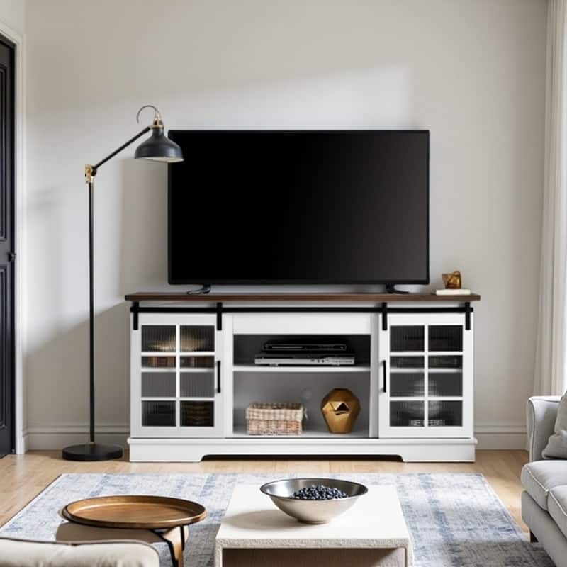 TV Stand for TVs up to 65''with Sliding Glass Doors & Adjustable Shelves, Large Storage Cabinet , Cable Management - White